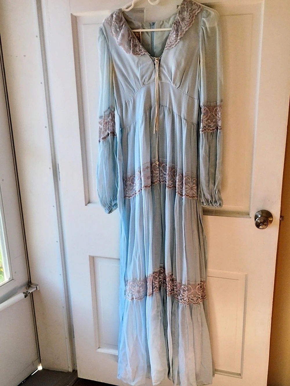 Gunne Sax Jessica McClintock Maxi Dress in Blue & Taupe, Vintage